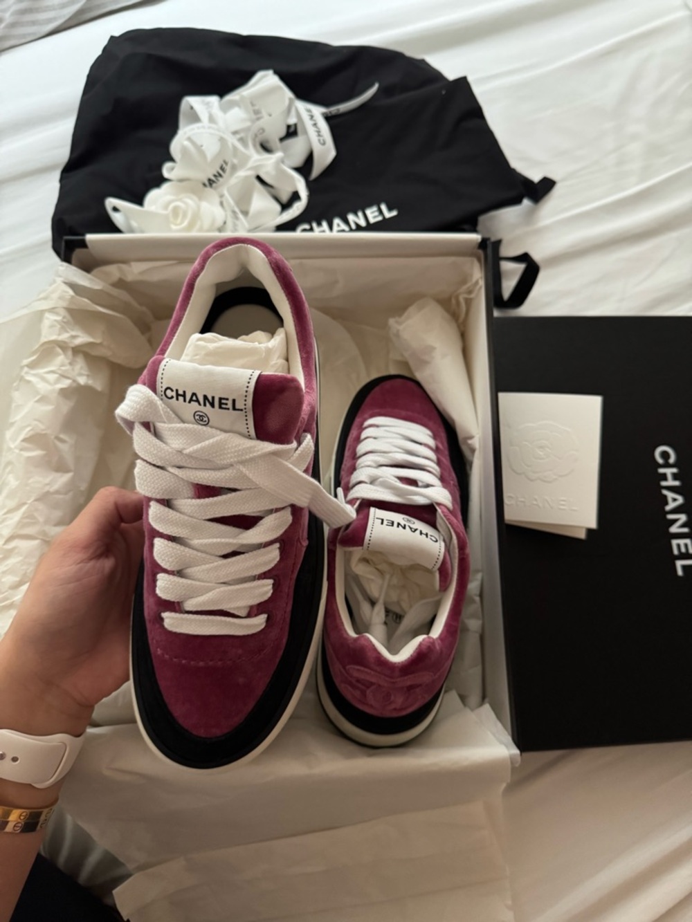 CHANEL Pink Suede Low-Top Sneakers with Black Trim